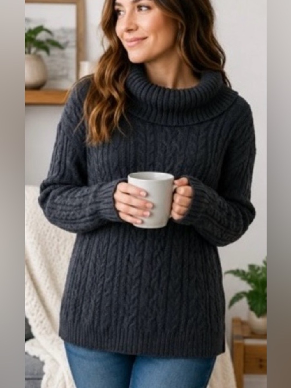 Jeanne Pierre Women’s Cable Knit Turtleneck Sweater - Charcoal Gray